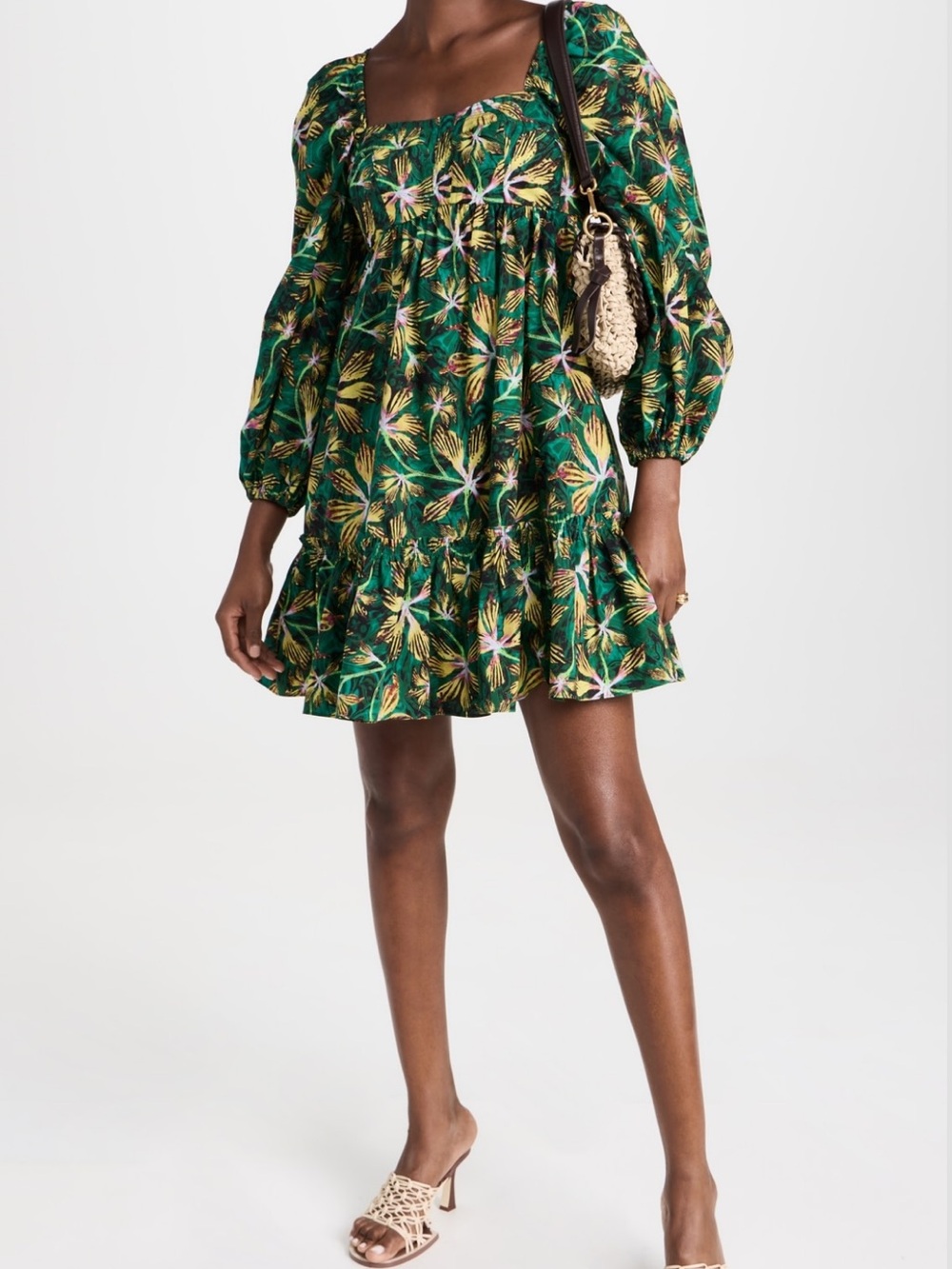 Ulla Johnson Green Tropical-Print Puff-Sleeve Mini Dress